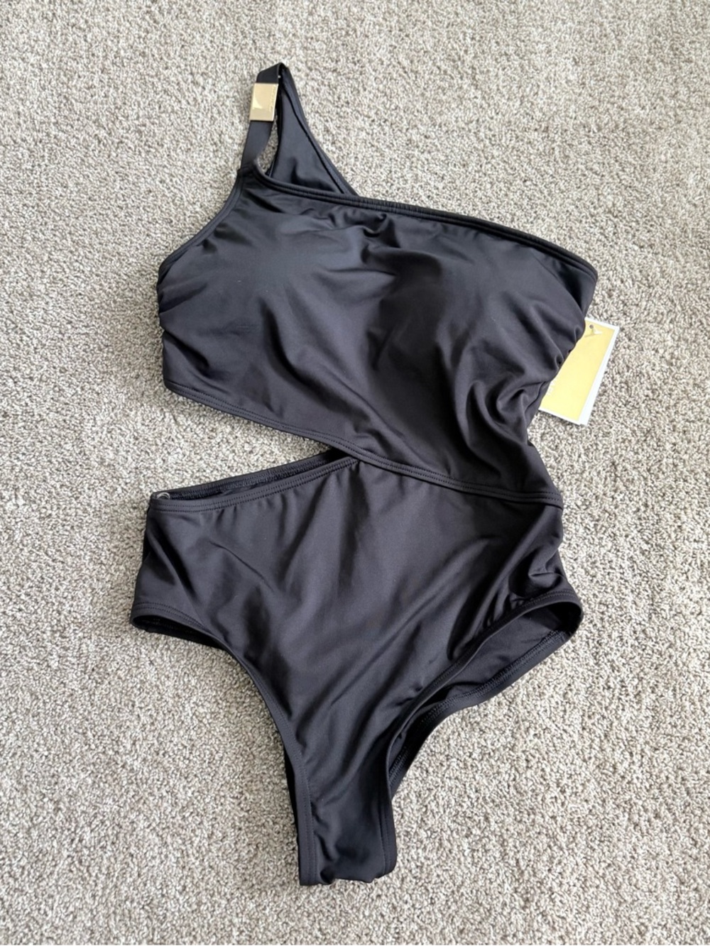 Michael Kors Black One Shoulder Cutout One Piece Swimsuit Gold‎ Logo Size 12 NWT